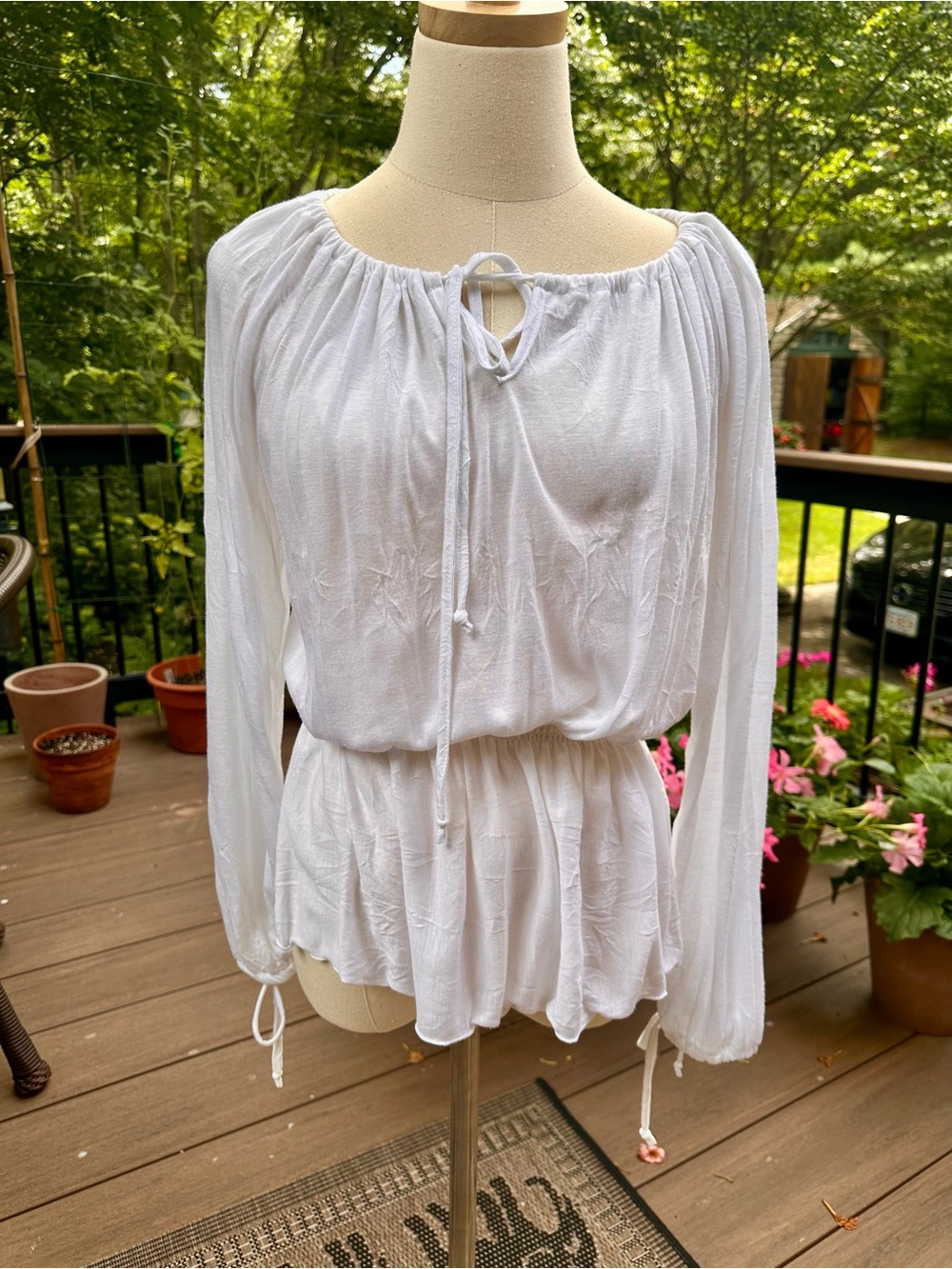White Long-Sleeve Peasant Blouse with Tie Neck